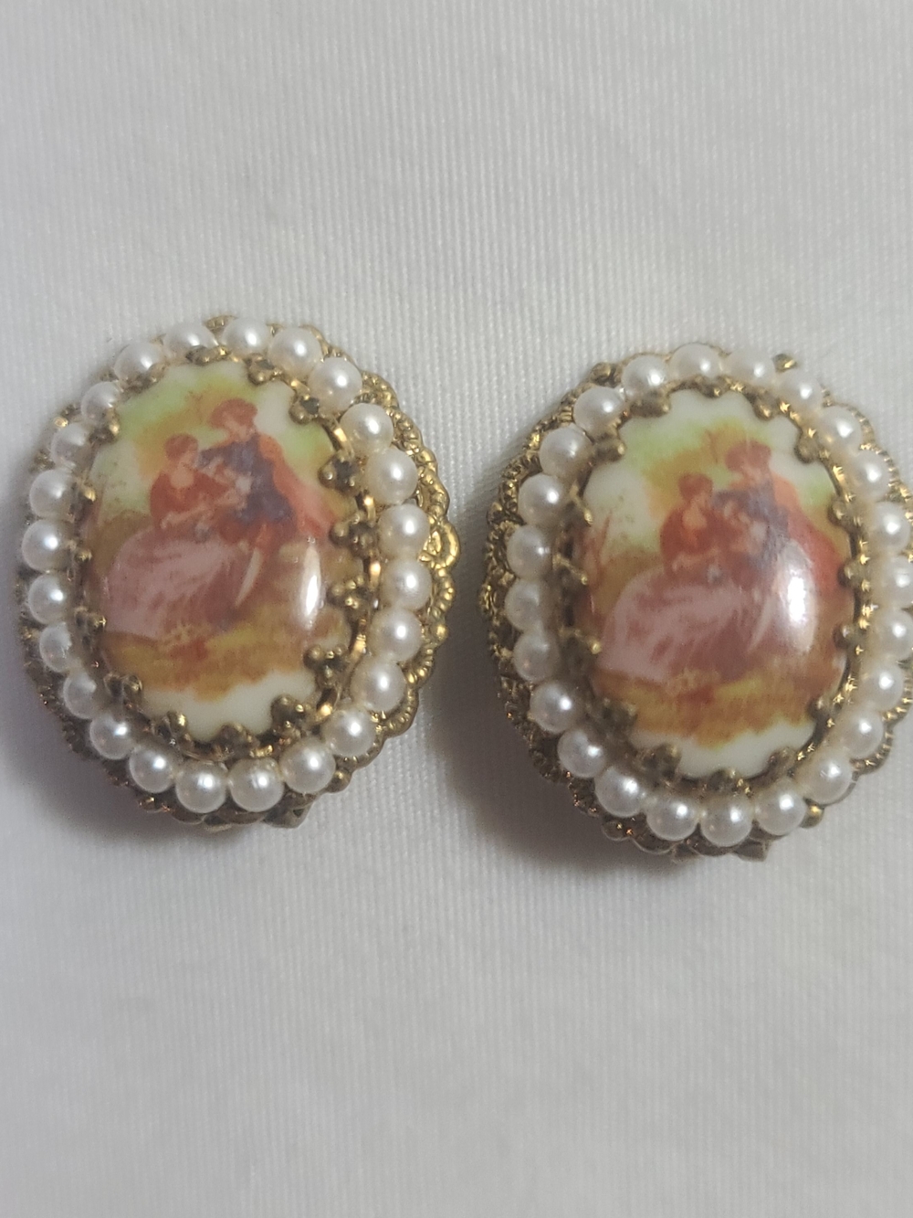 West Germany Porcelain Hand Painted Courting Couple Faux Pearl Clip-on Earrings